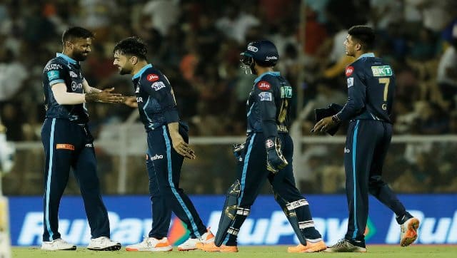 Rashid Khan of Gujarat Titans celebrates the wicket of Kieron Pollard of Mumbai Indians during Match 51 of the IPL 2022 at the Brabourne Stadium (CCI) in Mumbai on 6 May, 2022. Sportzpics for IPL