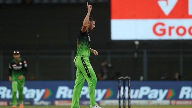 Josh Hazlewood of Royal Challengers Bangalore celebrates the wicket of Kartik Tyagi of the Sunrisers Hyderabad during match 54 of the TATA Indian Premier League 2022 (IPL season 15) between the Sunrisers Hyderabad and the Royal Challengers Bangalore held at the Wankhede Stadium in Mumbai on the 8th May 2022 Photo by Ron Gaunt / Sportzpics for IPL