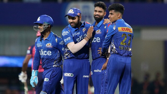 Kumar Kartikeya of Mumbai Indians celebrates after takes a wicket of Sanju Samson Captain of Rajasthan Royals during match 44 of the TATA Indian Premier League 2022 (IPL season 15) between the Rajasthan Royals and the Mumbai Indians held at the DY Patil Stadium in Mumbai on the 30th April 2022 Photo by Rahul Gulati / Sportzpics for IPL