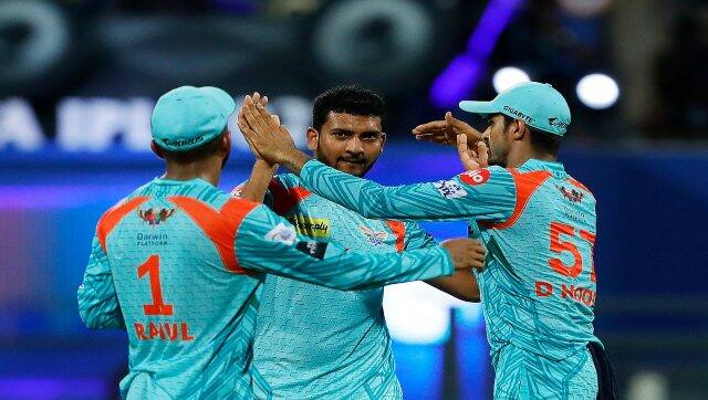 Mohsin Khan of Lucknow Super Giants celebrates the wicket of Shardul Thakur of Delhi Capitals during Match 45 of the IPL 2022 at the Wankhede Stadium in Mumbai on 1 May, 2022. Sportzpics for IPL