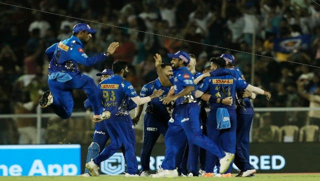 Mumbai Indians’ players celebrate their win against Gujarat Titans during Match 51 of the IPL 2022 at the Brabourne Stadium (CCI) in Mumbai on 6 May, 2022. Sportzpics for IPL