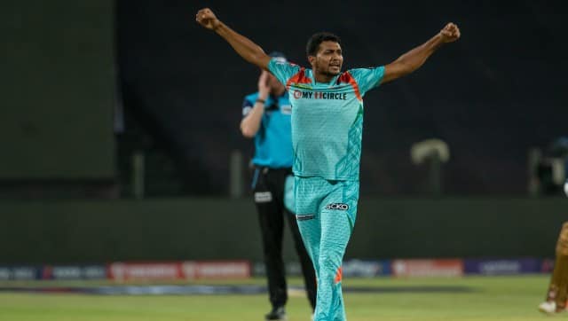Mohsin Khan of Lucknow Super Giants celebrates the wicket of Baba Indrajith of Kolkata Knight Riders during match 53 of the TATA Indian Premier League 2022 (IPL season 15) between the Lucknow Super Giants and the Kolkata Knight Riders held at the MCA International Stadium in Pune on the 7th May 2022 Photo by Vipin Pawar / Sportzpics for IPL