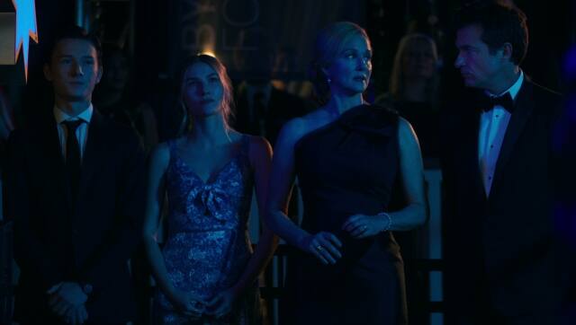 Ozark. (L to R) Skylar Gaertner as Jonah Byrde, Sofia Hublitz as Charlotte Byrde, Laura Linney as Wendy Byrde, Jason Bateman as Marty Byrde in Season 4 Part 2 Episode 7 of Ozark. Cr. Courtesy of Netflix © 2022