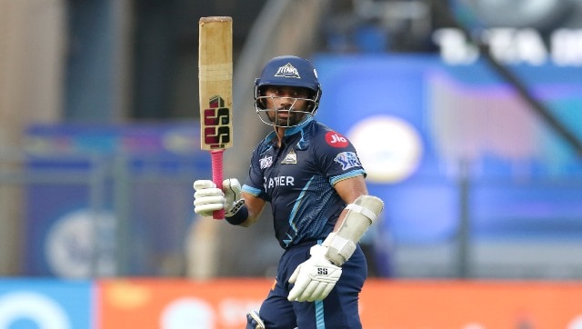 Wriddhiman Saha of Gujarat Titans raises his bat after scoring a fifty during Match 62 of the IPL 2022 between the Chennai Super Kings and the Gujarat Titans at the Wankhede Stadium in Mumbai on 15 May 2022. Sportzpics for IPL