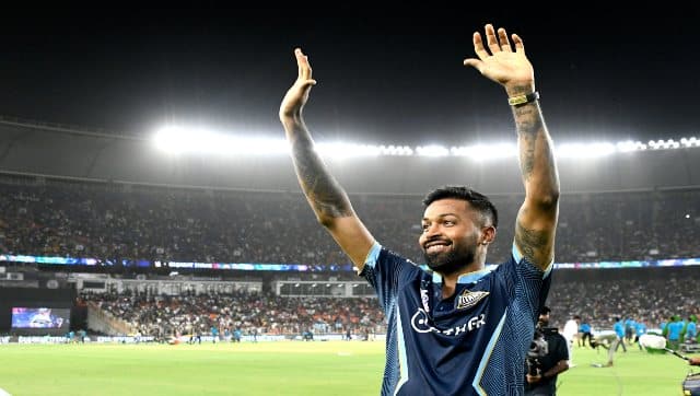 Gujarat Titans captain Hardik Pandya waves to the crowd during the final of the IPL 2022 between the Gujarat Titans and Rajasthan Royals at the Narendra Modi Stadium in Ahmedabad on Sunday. Sportzpics for IPL