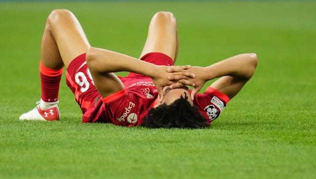 Liverpool's Trent Alexander-Arnold reacts at the end of the Champions League final soccer match between Liverpool and Real Madrid at the Stade de France in Saint Denis near Paris, Saturday, May 28, 2022. Real Madrid defeated Liverpool 1-0. (AP Photo/Manu Fernandez)