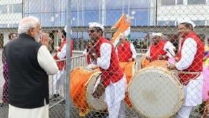 Performers at Copenhagen greets PM Modi at the Airport. ANI 