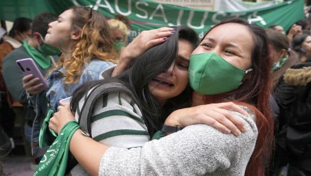 File image of abortion-rights activists celebrating after the Constitutional Court approved the decriminalisation of abortion, lifting all limitations on the procedure until the 24th week of pregnancy, in Bogota, Colombia. AP