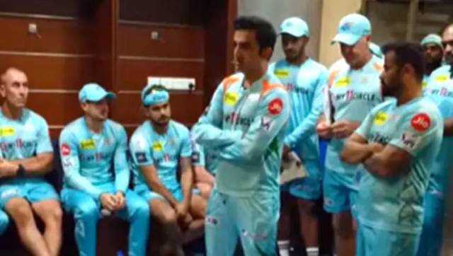 LSG mentor Gautam Gambhir (centre) speaks to player in the dressing room after their match against Gujarat Titans in Pune on Tuesday. LSG/Instagram (Screengrab)