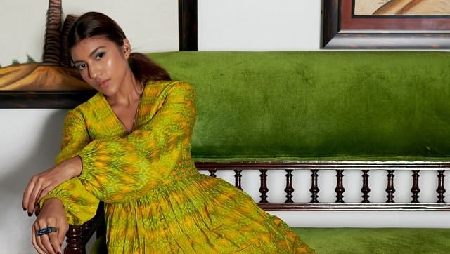 Lime green ikat dress with bishop sleeve and plunging neckline by Asha Gautam 