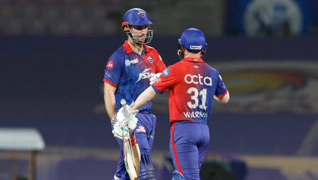 Delhi Capitals' Mitchell Marsh and David Warner during their IPL 2022 match against Rajasthan Royals in Navi Mumbai on Thursday. Sportzpics