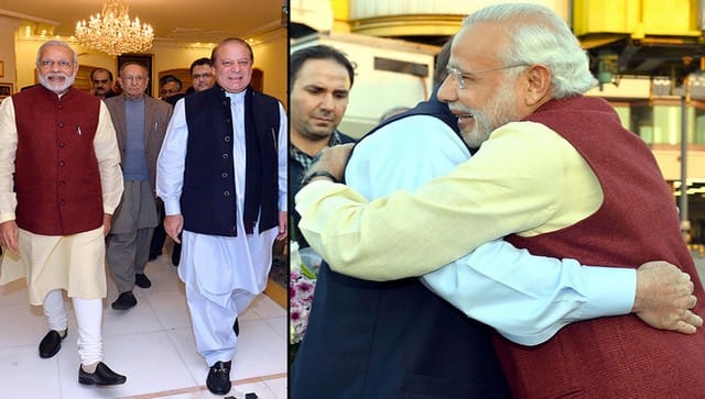 Indian Prime Minister Narendra Modi hugs Pakistan Prime Minister Nawaz Sharif on his birthday, in Lahore, Pakistan on December 25, 2015. Modi is in Pakistan to celebrate Nawaz Sharif's birthday and also to attend the wedding of the Pakistan Prime Minister's grand daughter. (SOLARIS IMAGES/PIB) 