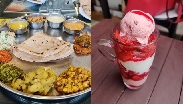 Thali and fresh strawberry with cream and ice-cream at Bagicha Corner