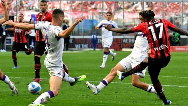 AC Milan's forward Rafael Leao (far right) shoots to score against Fiorentina at Meazza stadium in Milan on Sunday. AFP
