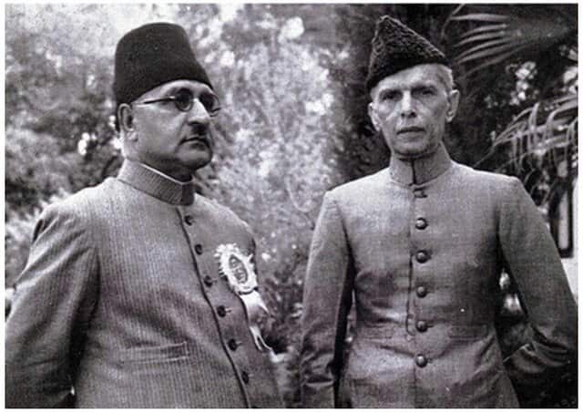The first Prime Minister of Pakistan Liaquat Ali Khan (L) with the country's founder Muhammad Ali Jinnah (R) in an undated photograph. Credit: Pinterest/Noreena Majeed