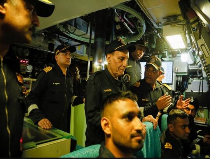 Defence Minister Rajnath Singh takes sea sortie in INS Khanderi Submarine in Arabian Sea