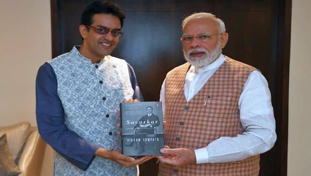 Historian Vikram Sampath with Prime Minister Narendra Modi after he had released his two-volume biography on Vinayak Damodar Savarkar. Image Courtesy: @narendramodi/Twitter