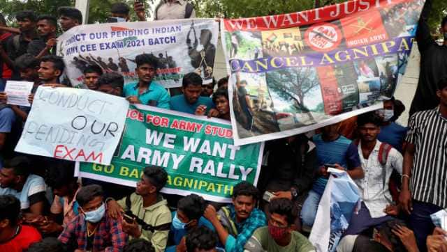 Army aspirants hold placards and banners during a demonstration against the Agnipath Recruitment Scheme for the Armed Forces, in Chennai. ANI