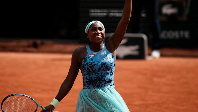Coco Gauff of the U.S. celebrates after defeating Sloane Stephens of the U.S. during their quarterfinal match of the French Open tennis tournament at the Roland Garros stadium Tuesday, May 31, 2022 in Paris. Gauff won 7-5, 6-2. (AP Photo/Thibault Camus)