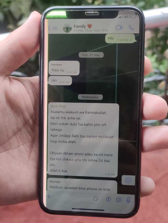 Mudasir’s last message in their WhatsApp family group. Photo by Idrees Bukhtiyar