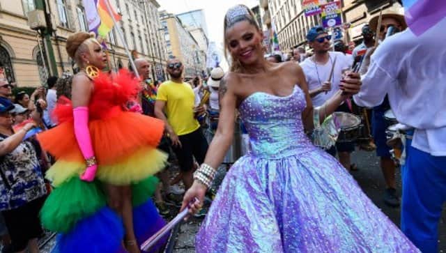 Participants at a Pride march in Italy. In the last few decades, Pride events have started being organised all over the world. AFP