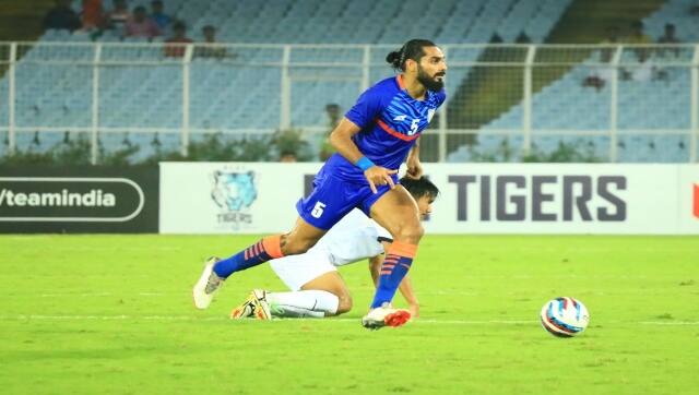 Sandesh Jhingan steals the ball away from a Cambodian player during the match. Twitter/@IndianFootball