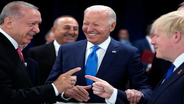 Turkish president Recep Tayyip Erdogan, US president Joe Biden and British prime minister Boris Johnson during a round table meeting at NATO summit in Madrid. AP