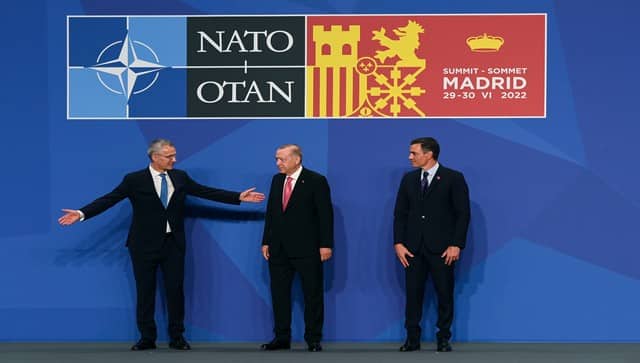Turkish prime minister Recep Tayyip Erdogan is greeted by NATO Secretary General Jens Stoltenberg and prime minister Pedro Sanchez of Spain, during the NATO summit in Madrid. AP
