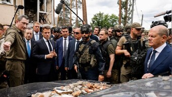 French president Emmanuel Macron visits Kyiv suburb, decries 'massacres' by Russian forces