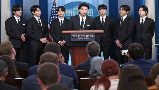 Korean band BTS appears at the daily press briefing in the Brady Press Briefing of the White House in Washington, as they visit to discuss anti-Asian hate crimes and discrimination. AFP