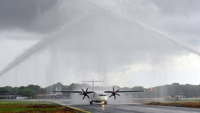 An Alliance Air aircraft gets a water salute as Jaffna International Airport in northern Sri Lanka on 17 October 2019. The facility was shut for commercial airlines for decades due to the civil war in the region. AFP 