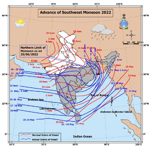Advancement of south west monsoon in India till 25 June