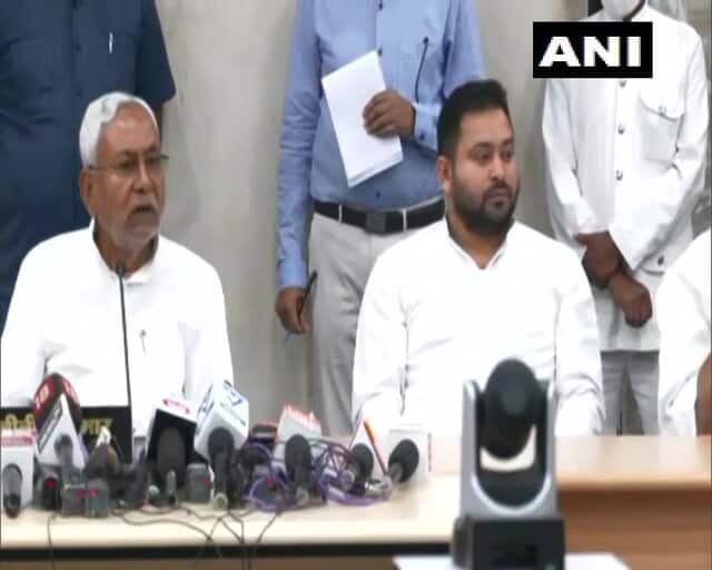 Bihar CM Nitish Kumar and RJD leader Tejashwi Yadav addressing the media on 1 June, 2022. ANI