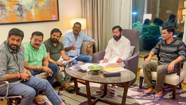 Eknath Shinde with rebel Shiv Sena MLAs at Radisson Blu in Guwahati. PTI