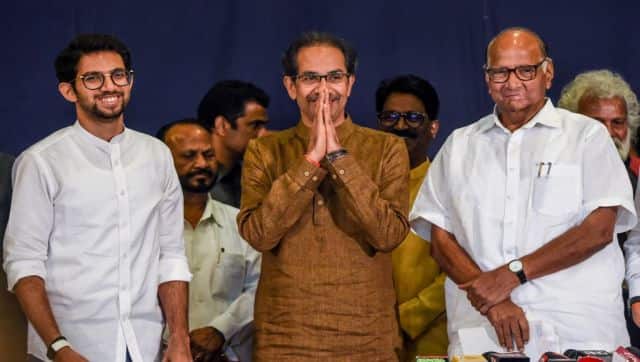 Uddhav Thackeray and his son Aadtiya with NCP chief Sharad Pawar. Shiv Sena's alliance with its former rival did not go down well with the party cadres. AFP