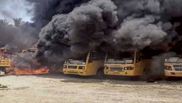 Protesters overran police barricades at the school and set buses on fire. News18 Tamil