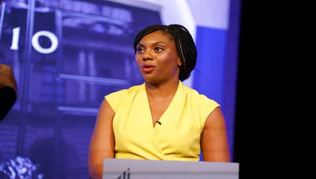 Conservative party leadership contender Kemi Badenoch looks on before the live television debate for the candidates for leadership of the Conservative party, hosted by Channel 4 in London. AP