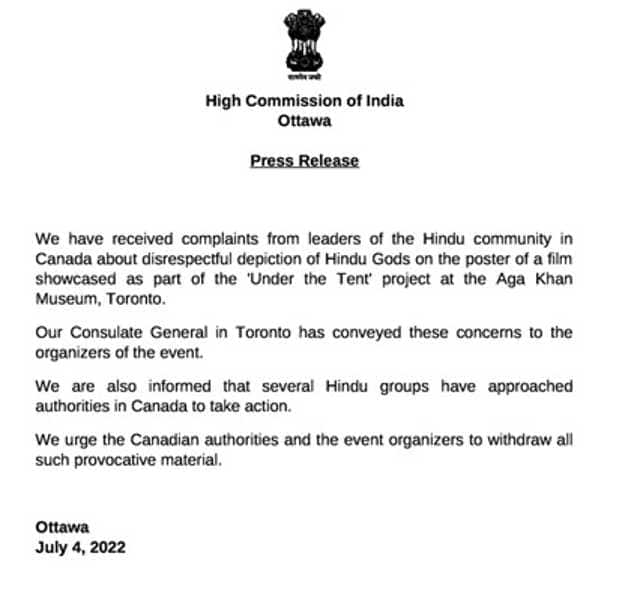 The letter from the Indian High Commission asking the Canadian authorities to stop screening her movie