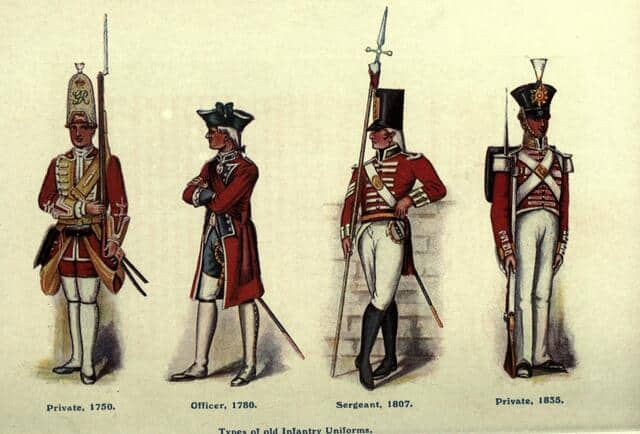Types of old infantry uniforms of the British army. Wikimedia Commons/Regimental Nicknames and Traditions of the British Army