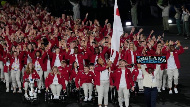 The hosts England entered the stadium during opening ceremony with a loud cheer from the crowd. AP Photo