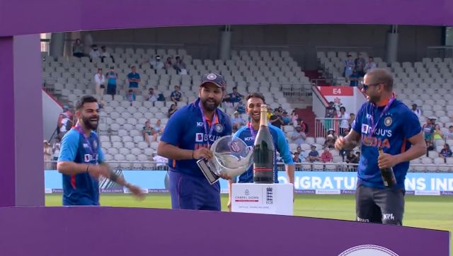 Watch: Shikhar Dhawan, Rishabh Pant give Rohit Sharma a champagne shower after series win against England Watch: Shikhar Dhawan, Rishabh Pant give Rohit Sharma a champagne shower after series win against England