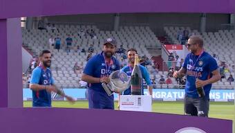 Watch: Shikhar Dhawan, Rishabh Pant give Rohit Sharma a champagne shower after series win against England