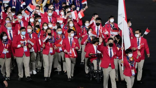 Athletes of Singapore enter the stadium during the Commonwealth Games opening ceremony at the Alexander stadium in Birmingham. AP 