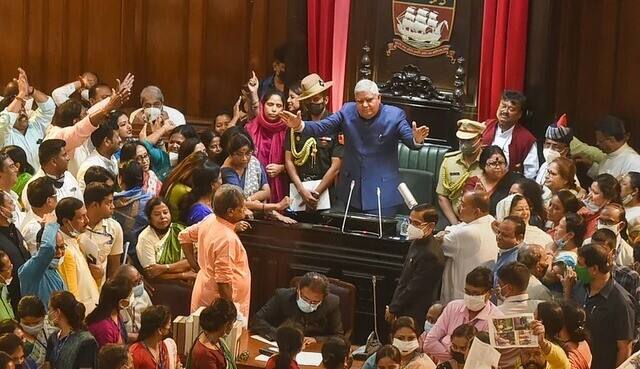 Former West Bengal governor Jagdeep Dhankhar urges Speaker Biman Bandhopadhyay to hold meeting with him over Assembly ruckus in March 2022. PTI