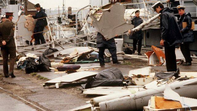 This June 1985 photo shows Irish naval authorities bringing ashore debris from the Air India flight in Cork, Ireland, following the bombing that killed all 331 people on board. AFP