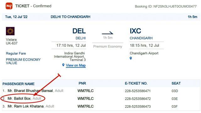 The flight ticket for the ballot box from Delhi to Chandigarh. Image Courtesy: ECI