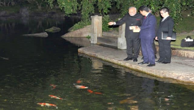 Modi-Abe's friendship bloomed when the former visited Japan shortly after coming to power in 2014. The two leaders got along really well and Modi's three-day visit provided several photo-ops such as this one of them feeding fish at the State Guest House in Kyoto. PIB/AFP