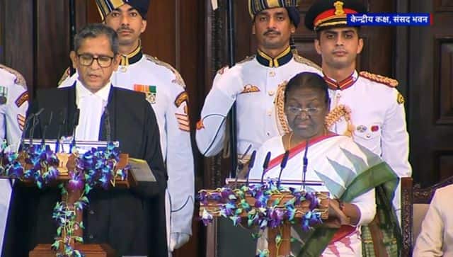 Chief Justice of India N V Ramana administered the oath to Droupadi Murmu in Parliament