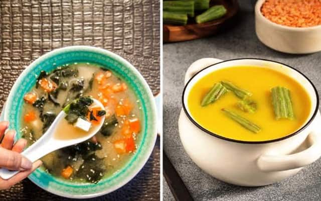 Clear veggies soup and (R) Drumstick soup