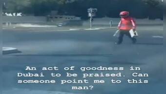 Watch: Food delivery agent removes concrete blocks from road to avoid traffic disruption, Dubai Prince appreciates